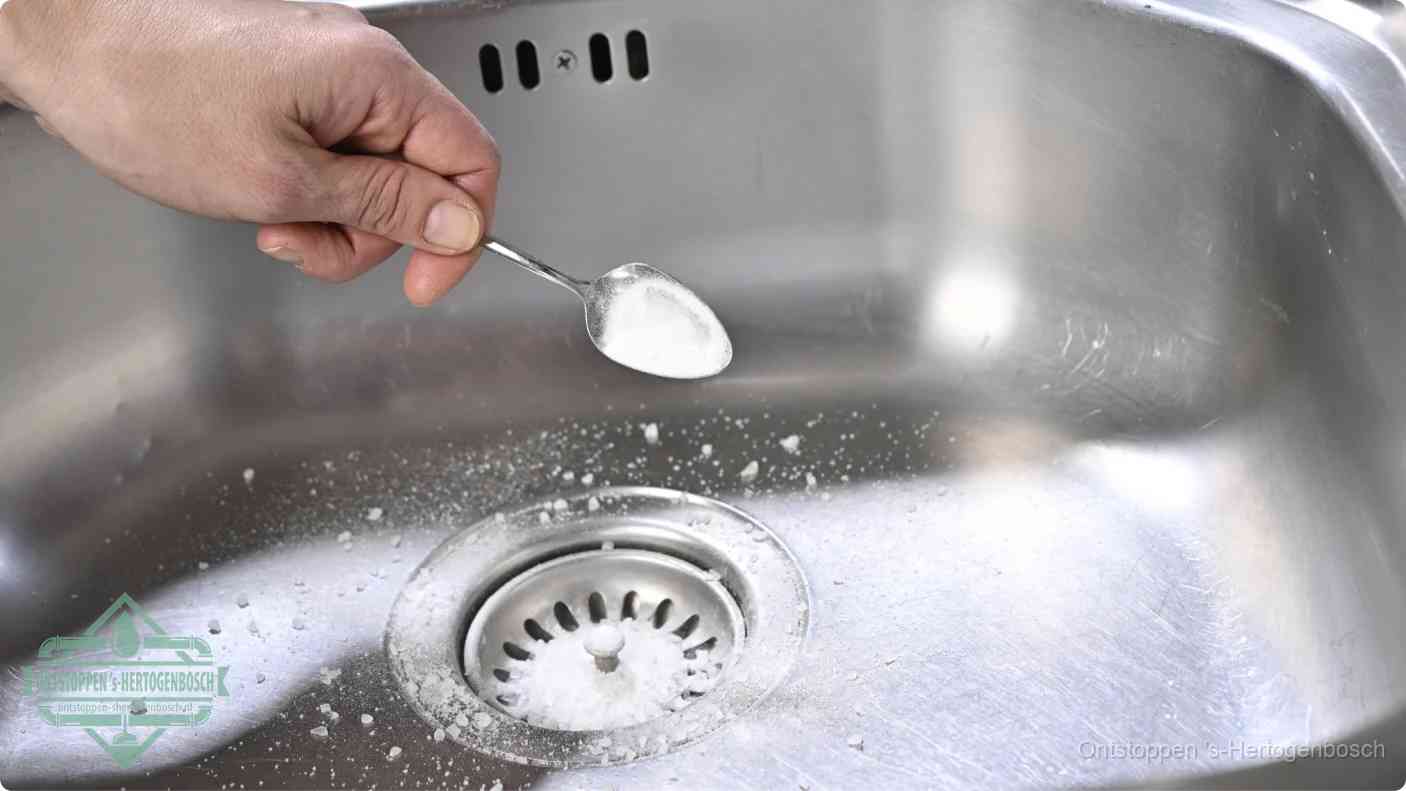 Een hand strooit met een lepel soda in de afvoer van een roestvrijstalen spoelbak, de soda en azijn huismiddel-methode om de afvoer te ontstoppen in s-Hertogenbosch