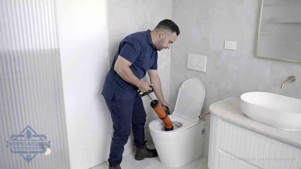 Een monteur buigt over een wandcloset en duwt met de hand een persluchtontstopper in de toiletpot om de verstopping handmatig los te maken in s-Hertogenbosch