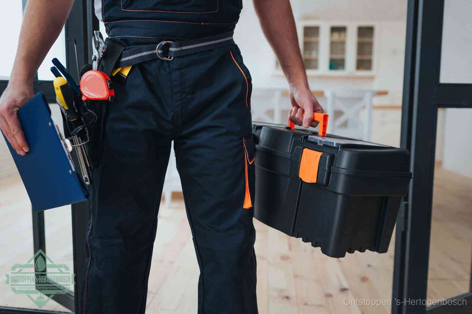 Een monteur met gereedschapsriem en klembord, klaar om een transparante prijs voor het afvoer ontstoppen in s-Hertogenbosch te geven