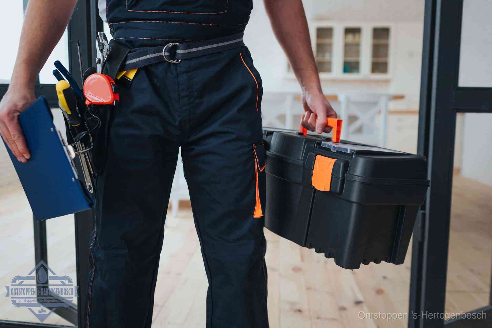 Een monteur met gereedschapsriem en klembord, klaar om een transparante prijs voor het wc ontstoppen in s-Hertogenbosch te geven