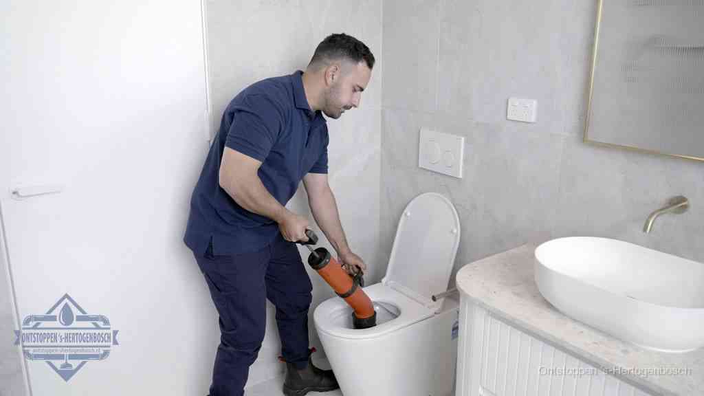 Een monteur gebruikt een handmatige perspomp (toiletontstopper) op een wandcloset tijdens het professioneel wc ontstoppen in s-Hertogenbosch