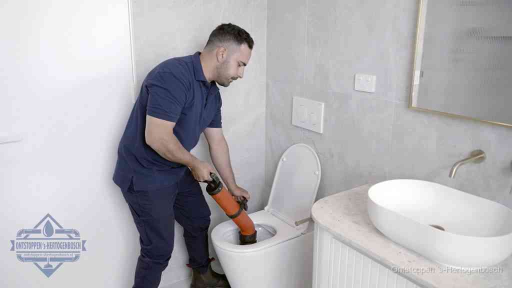 Een man gebruikt een handmatige luchtdruk-ontstopper in een modern betegeld toilet om zelf de wc te ontstoppen in s-Hertogenbosch